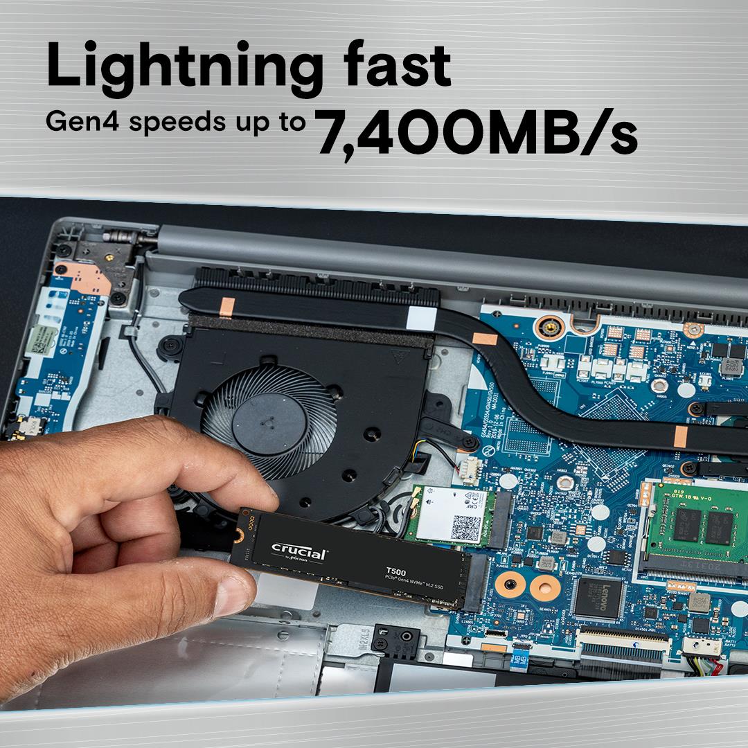 SSD CRUCIAL 600xTBW rating Read speed 7300 MB/s Write speed 6800 MB/s NVMe Yes PCI Express 4.0 M.2 1000 GB Crucial T500 Gen4 1TB (CT1000T500SSD8) T500 CT1000T500SSD8
