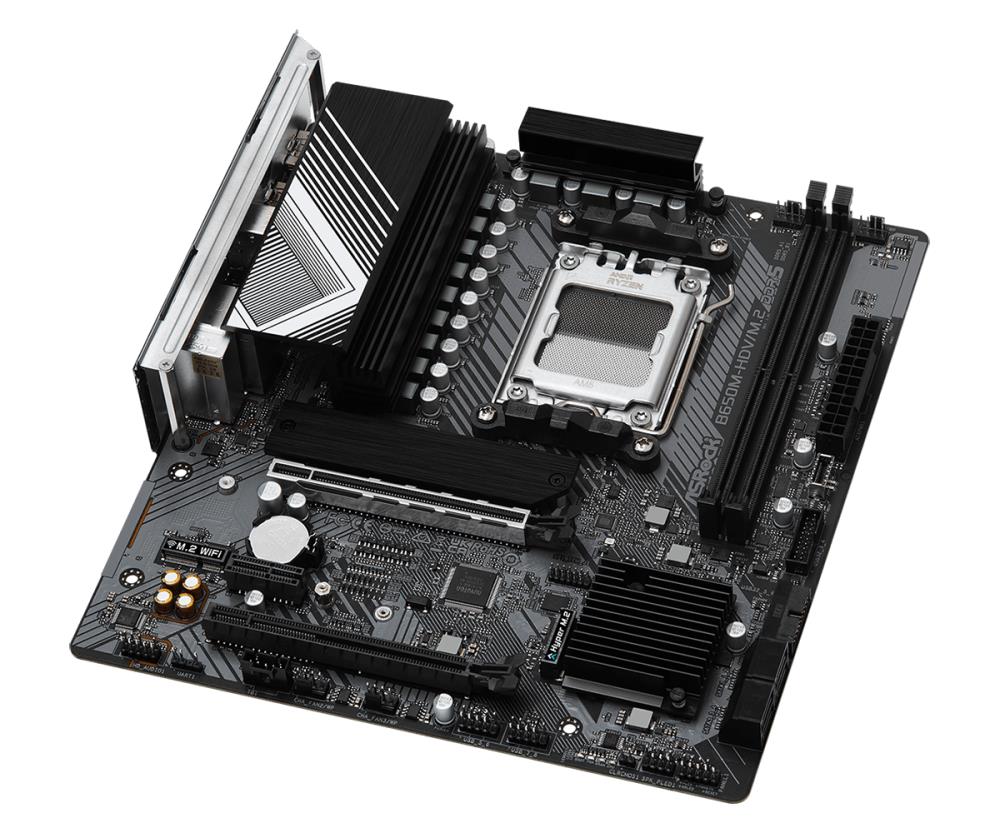 Mainboard ASROCK AMD B650 SAM5 Micro-ATX Memory DDR5 Memory slots 2 1xPCI-Express 4.0 1x 2xPCI-Express 4.0 16x 1xM.2 1xHDMI 1xDisplayPort 1xAudio-In 1xAudio-Out 1xMicrophone 4xUSB 2.0 2xUSB 3.2 1xUSB-C 1xRJ45 B650M-HDV/M.2