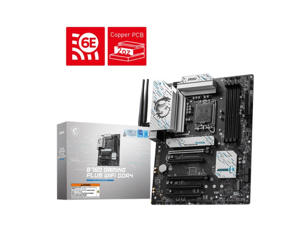 Mainboard MSI Intel B760 Express LGA1700 ATX Memory DDR4 Memory slots 4 5xPCI-Express 5.0 16x 2xM.2 1xHDMI 1xDisplayPort 4xUSB 2.0 2xUSB 3.2 1xUSB-C 1xPS/2 1xOptical S/PDIF 1xRJ45 5xAudio port B760GAMPLUSWIFIDDR4