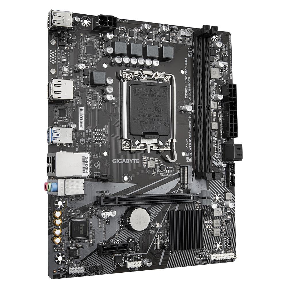 Mainboard GIGABYTE Intel H610 LGA1700 Micro-ATX Memory DDR5 Memory slots 2 1xPCI-Express 3.0 1x 1xPCI-Express 4.0 16x 1xM.2 1xHDMI 1xDisplayPort 4xUSB 2.0 2xUSB 3.2 1xPS/2 1xRJ45 3xAudio port H610MKV2