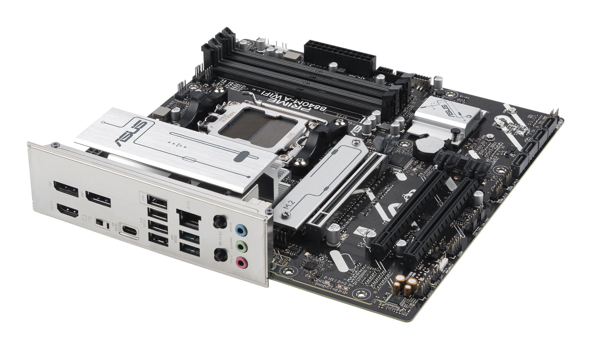 Mainboard ASUS AMD B840 SAM5 Micro-ATX Memory DDR5 Memory slots 4 2xPCI-Express 3.0 16x 1xPCI-Express 4.0 16x 3xM.2 1xHDMI 2xDisplayPort 4xUSB 2.0 2xUSB 3.2 1xUSB-C 1xRJ45 3xAudio port PRIMEB840M-AWIFI