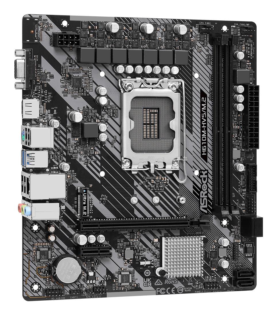 Mainboard ASROCK Intel H610 LGA1700 Micro-ATX Memory DDR4 Memory slots 2 1xPCI-Express 3.0 1x 1xPCI-Express 4.0 16x 1xM.2 1x15pin D-sub 1xHDMI 1xAudio-In 1xAudio-Out 1xMicrophone 4xUSB 2.0 2xUSB 3.2 1xPS/2 1xRJ45 H610M-HVS/M.2R2.0