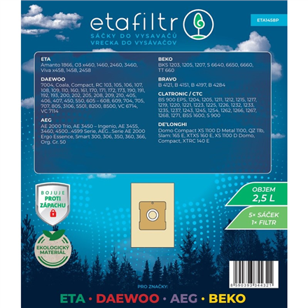 ETA Dust bags for ETA, Daewoo, AEG and Beko vacuum cleaners | ETA1458P | 5 pc(s) | Brown