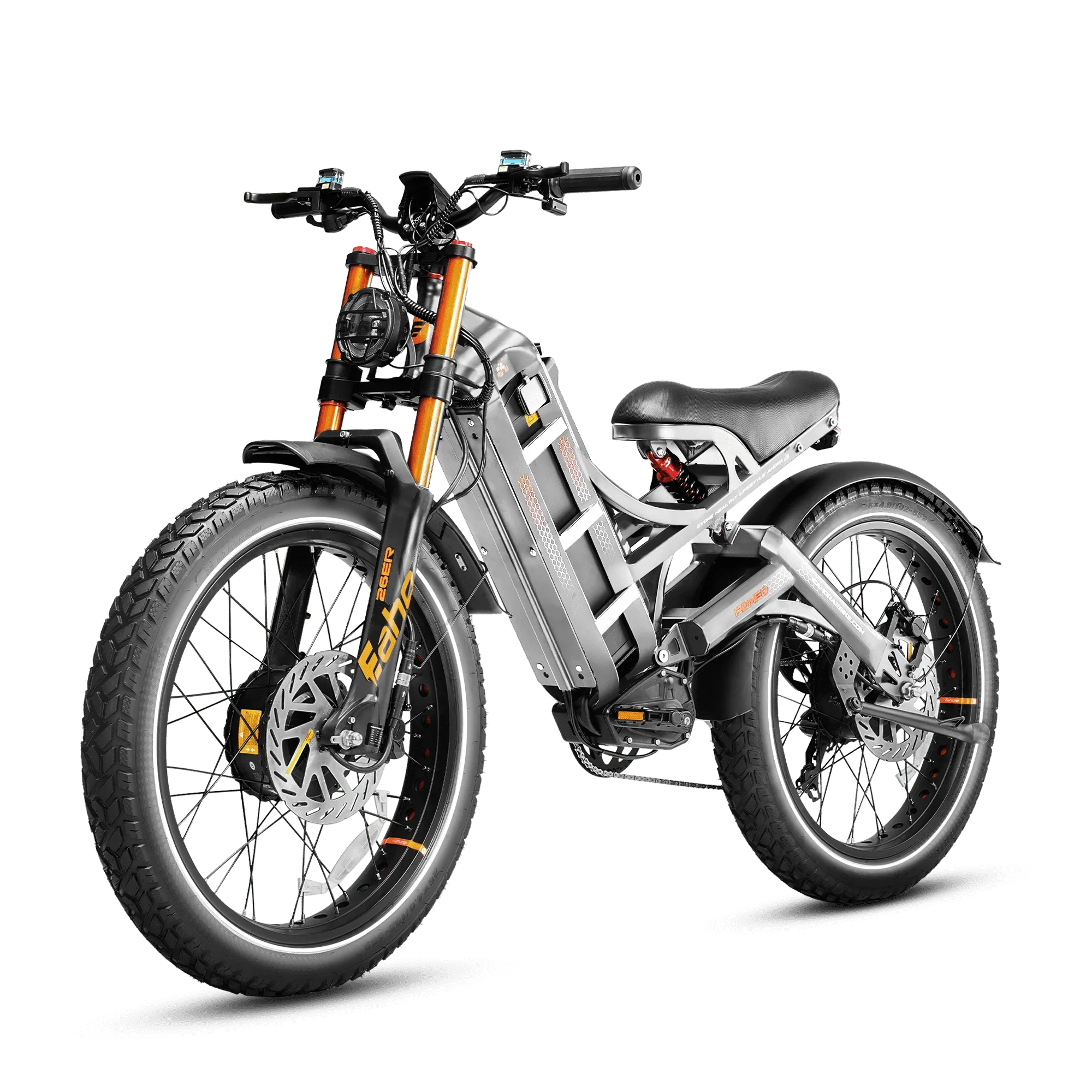 Eahora Romeo Pro II electric bike with 26-inch tires and dual 1500W motors, designed for off-road and all-terrain riding. Gray color