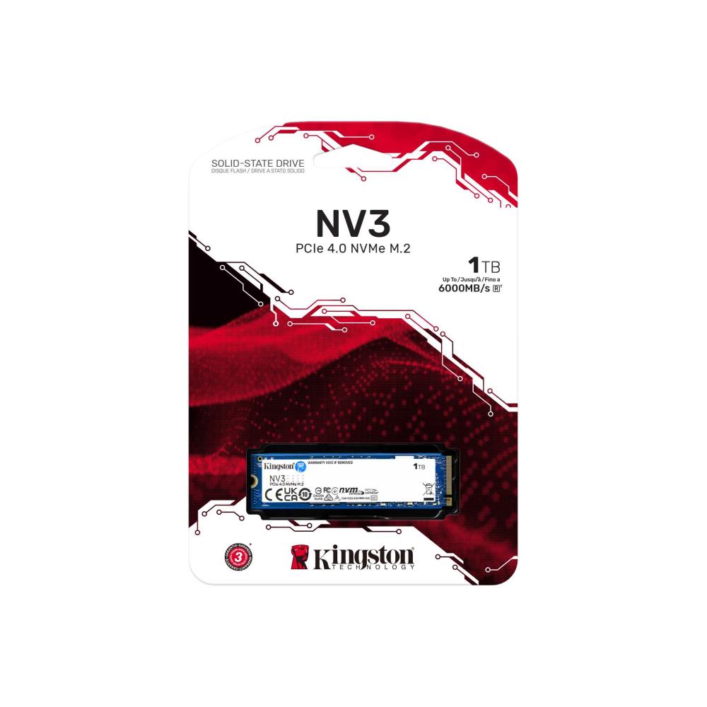 SSD KINGSTON NV3 1TB M.2 PCIE NVMe 3D NAND Write speed 4000 MBytes/sec Read speed 6000 MBytes/sec TBW 320 TB MTBF 200000 hours SNV3S/1000G