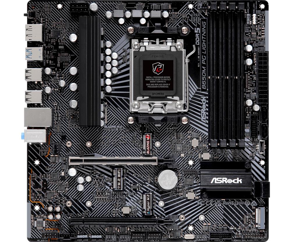 Mainboard ASROCK AMD B650 SAM5 Micro-ATX Memory DDR5 Memory slots 4 1xPCI-Express 3.0 16x 1xPCI-Express 4.0 16x 3xM.2 1xHDMI 1xDisplayPort 4xUSB 2.0 3xUSB 3.2 1xUSB-C 1xRJ45 3xAudio port B650MPGLIGHTNING
