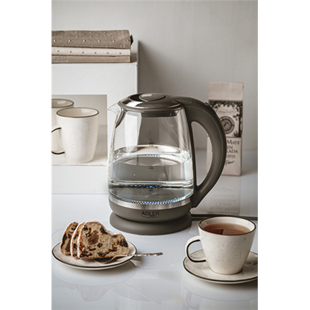 Adler | Kettle | AD 1286 | Standard | 2200 W | 2 L | Plastic/Glass | 360° rotational base | Grey