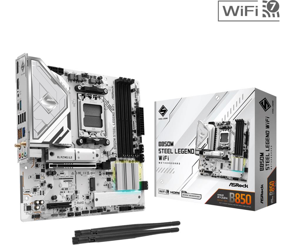 Mainboard ASROCK AMD B850 SAM5 Micro-ATX Memory DDR5 Memory slots 4 4xPCI-Express 4.0 4x 1xPCI-Express 5.0 16x 1xM.2 1xHDMI 1xDisplayPort 1xAudio-In 1xAudio-Out 1xMicrophone 4xUSB 2.0 3xUSB 3.2 1xUSB-C 1xRJ45 B850MSTEELLEGENDWIFI