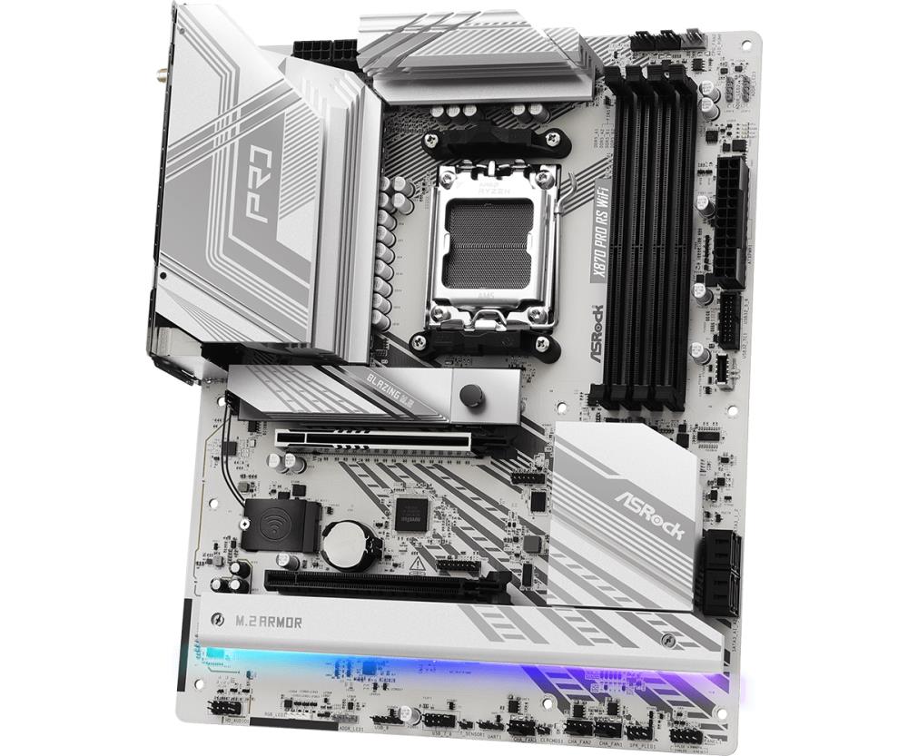 Mainboard ASROCK AMD X870 SAM5 ATX Memory DDR5 Memory slots 4 1xPCI-Express 4.0 16x 1xPCI-Express 5.0 16x 4xM.2 1xHDMI 6xUSB 2.0 4xUSB 3.2 2xUSB-C 1xOptical S/PDIF 1xRJ45 2xAudio port X870PRORSWIFI