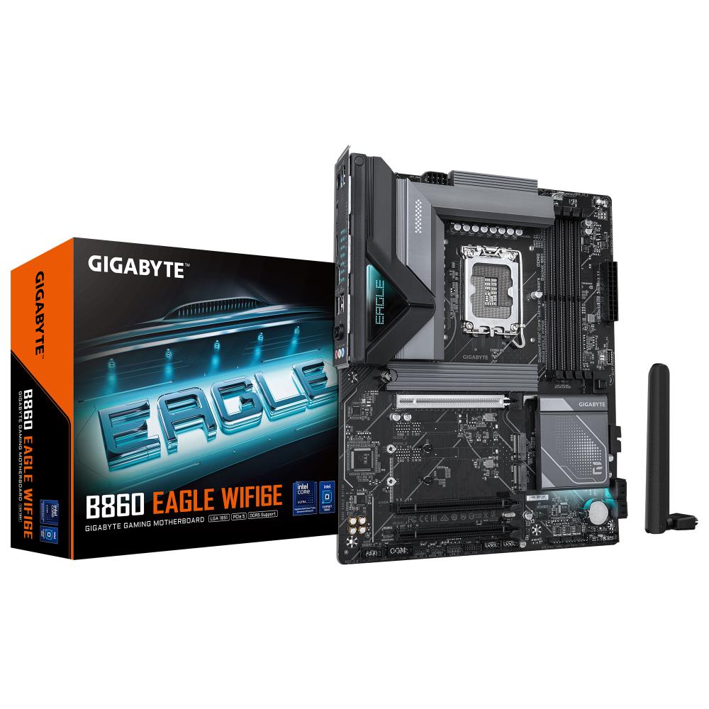 Mainboard GIGABYTE Intel B860 Express LGA1851 ATX Memory DDR5 Memory slots 4 3xPCI-Express 16x 3xM.2 1xHDMI 1xDisplayPort 1xAudio-In 1xAudio-Out 1xMicrophone 4xUSB 2.0 1xUSB 3.2 1xUSB-C 1xPS/2 1xRJ45 B860EAGLEWIFI6E1.0