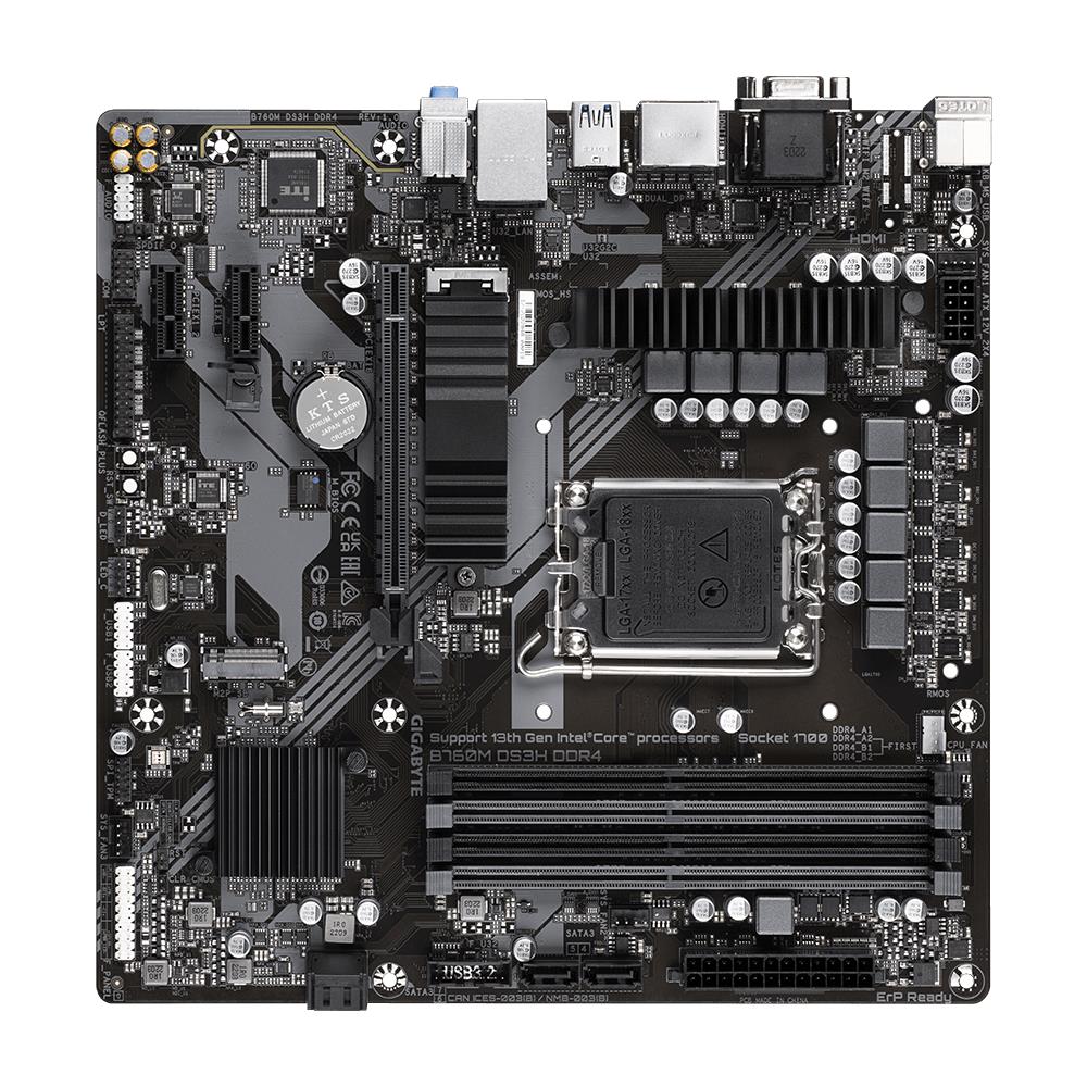 Mainboard GIGABYTE Intel B760 Express LGA1700 Micro-ATX Memory DDR4 Memory slots 4 2xPCI-Express 3.0 1x 1xPCI-Express 4.0 16x 2xM.2 1x15pin D-sub 1xHDMI 2xDisplayPort 2xUSB 2.0 3xUSB 3.2 1xUSB-C 1xPS/2 1xRJ45 3xAudio port B760MDS3HDDR4
