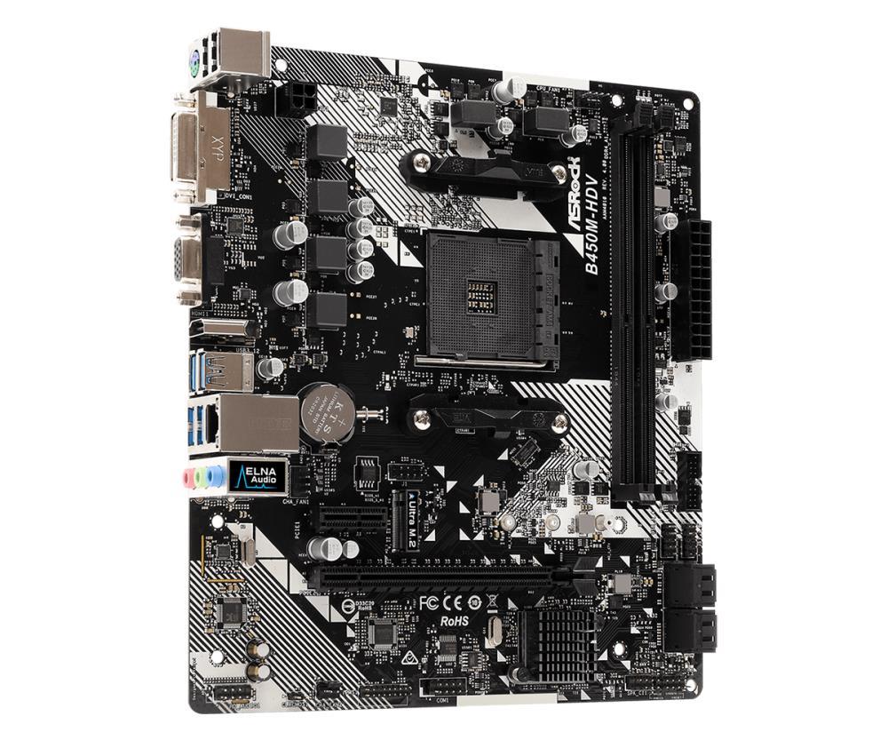 Mainboard ASROCK AMD B450 SAM4 Micro-ATX Memory DDR4 Memory slots 2 1xPCI-Express 2.0 1x 1xPCI-Express 3.0 16x 1xM.2 1x15pin D-sub 1xDVI-D 1xHDMI 2xUSB 2.0 4xUSB 3.1 1xPS/2 1xRJ45 3xAudio port B450M-HDVR4.0