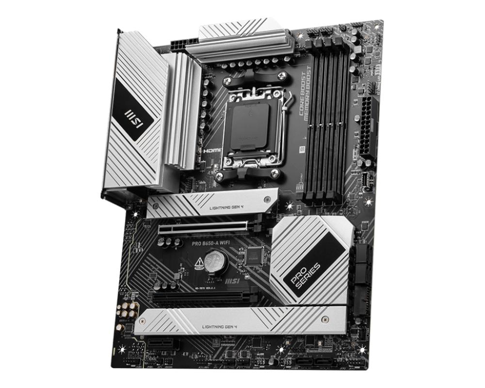 Mainboard MSI AMD B650 SAM5 ATX Memory DDR5 Memory slots 4 1xPCI-Express 3.0 1x 1xPCI-Express 4.0 2x 1xPCI-Express 4.0 16x 3xM.2 1xHDMI 1xDisplayPort 2xUSB 2.0 7xUSB 3.2 1xUSB-C 1xOptical S/PDIF 1xRJ45 3xAudio port PROB650-AWIFI