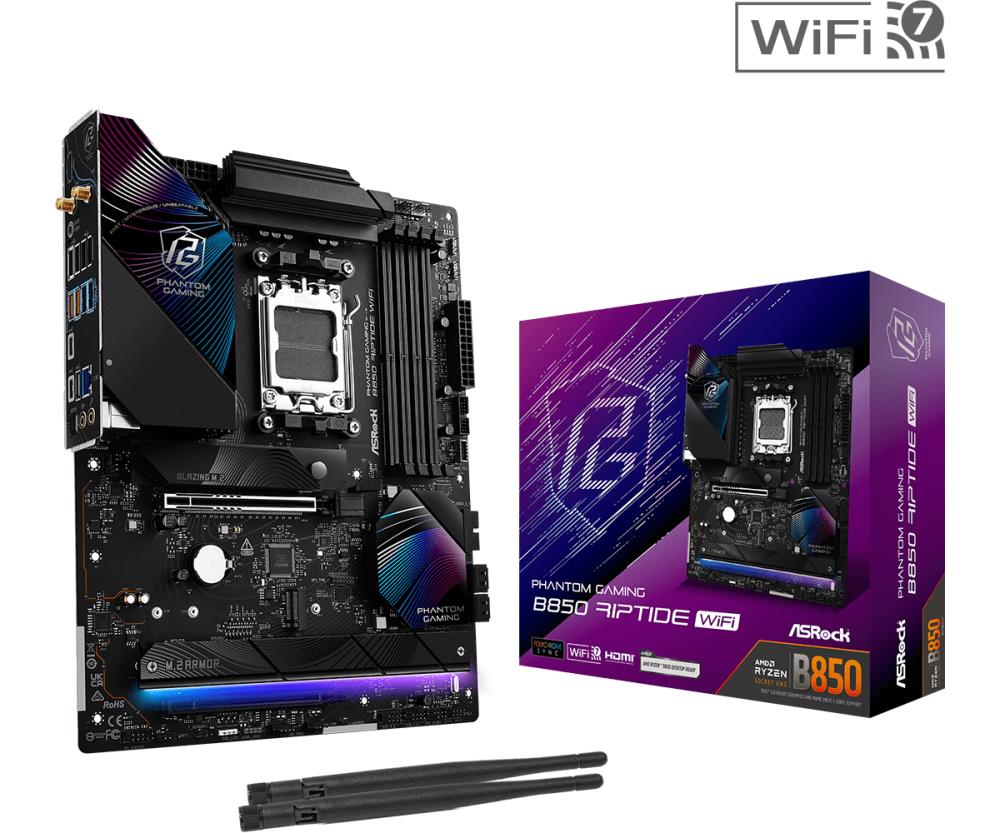 Mainboard ASROCK AMD B850 SAM5 ATX Memory DDR5 Memory slots 4 1xPCI-Express 4.0 16x 1xPCI-Express 5.0 16x 1xM.2 1xHDMI 1xAudio-In 1xAudio-Out 8xUSB 2.0 9xUSB 3.2 3xUSB-C 1xOptical S/PDIF 1xRJ45 B850RIPTIDEWIFI