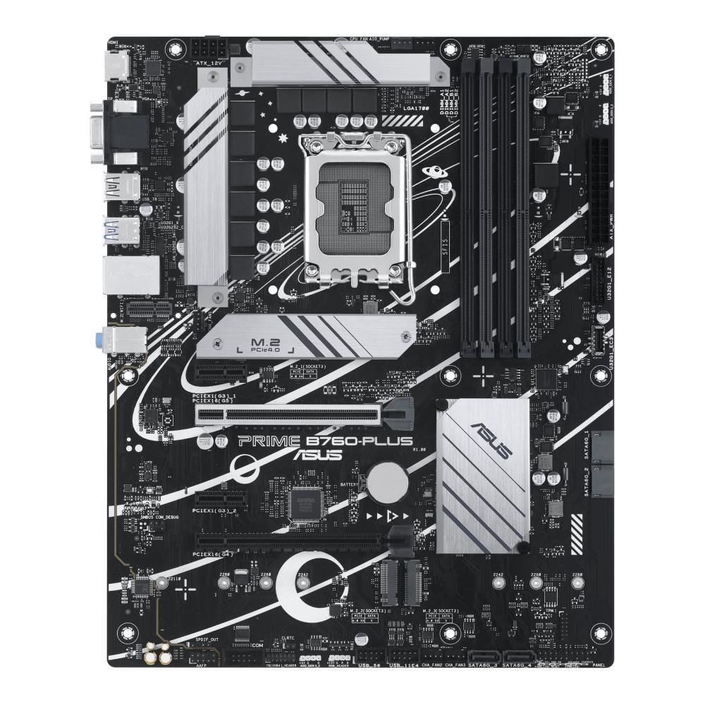 Mainboard ASUS Intel B760 Express LGA1700 ATX Memory DDR5 Memory slots 4 2xPCI-Express 3.0 1x 1xPCI-Express 4.0 16x 1xPCI-Express 5.0 16x 3xM.2 1x15pin D-sub 1xHDMI 1xDisplayPort 2xUSB 2.0 3xUSB 3.2 1xUSB-C 1xRJ45 3xAudio port PRIMEB760-PLUS