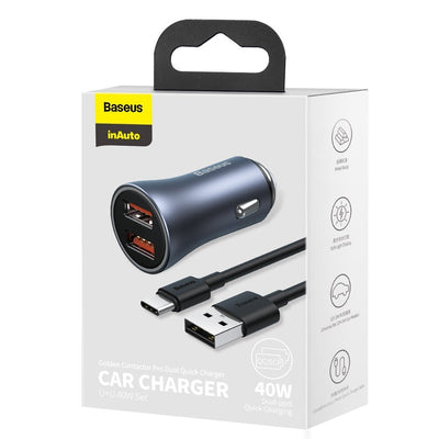 Baseus Golden Contactor Pro fast car charger 2x USB 40 W Quick Charge SCP FCP AFC + USB - USB Type C cable gray (TZCCJD-A0G)