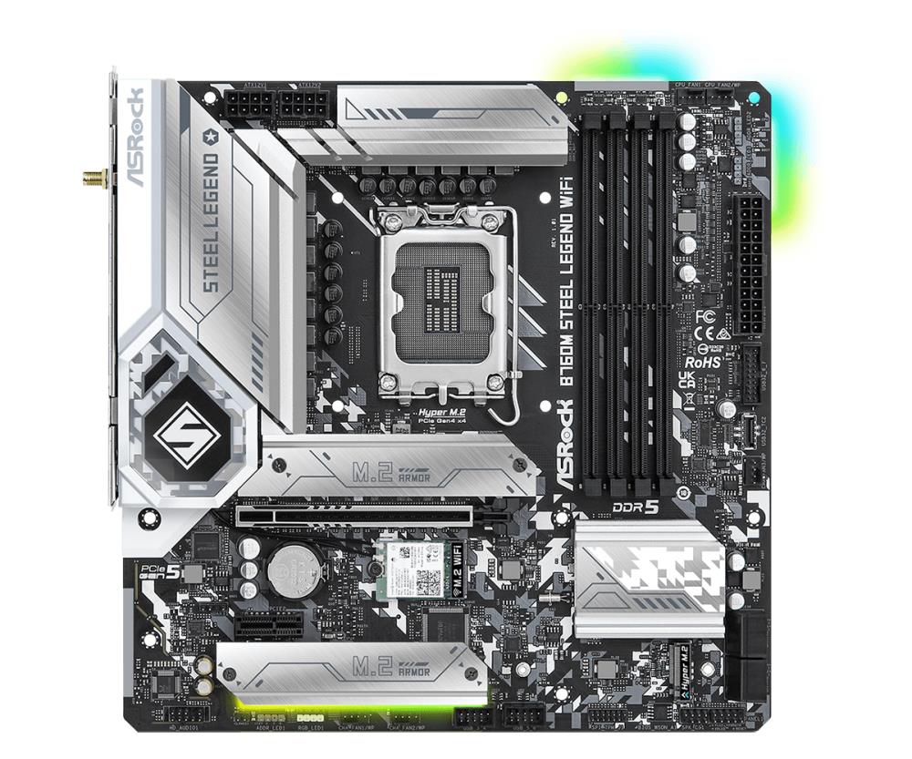 Mainboard ASROCK Intel B760 Express LGA1700 Micro-ATX Memory DDR5 Memory slots 4 1xPCI-Express 4.0 1x 1xPCI-Express 5.0 16x 4xM.2 1xHDMI 1xDisplayPort 2xUSB 2.0 5xUSB 3.2 1xUSB-C 1xPS/2 1xRJ45 3xAudio port B760MSTEELLEGENDWIFI