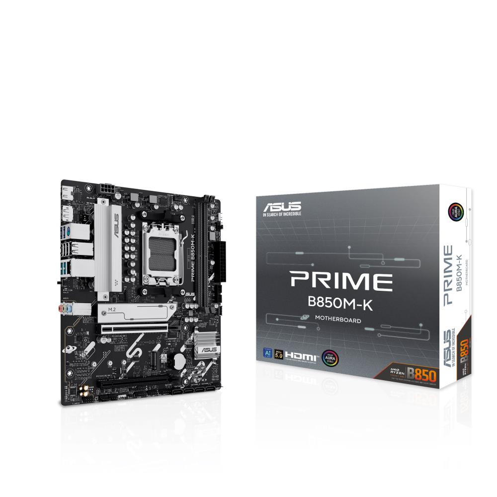 Mainboard ASUS AMD B850 SAM5 Micro-ATX Memory DDR5 Memory slots 2 1xPCI-Express 4.0 16x 1xPCI-Express 5.0 16x 2xM.2 1xHDMI 1xDisplayPort 4xUSB 2.0 4xUSB 3.2 1xPS/2 3xAudio port PRIMEB850M-K