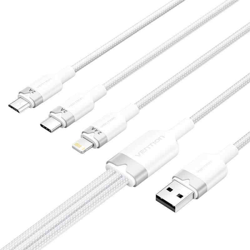 USB 2.0 A to 3in1 3A cable Vention CTPWG 1.5M (white) - Image 2