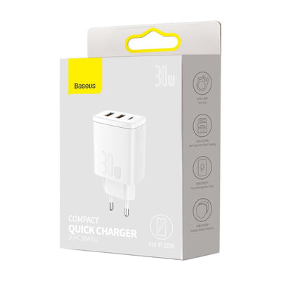 Baseus Compact fast charger 2x USB / USB Type C 30W 3A Power Delivery Quick Charge white (CCXJ-E02)