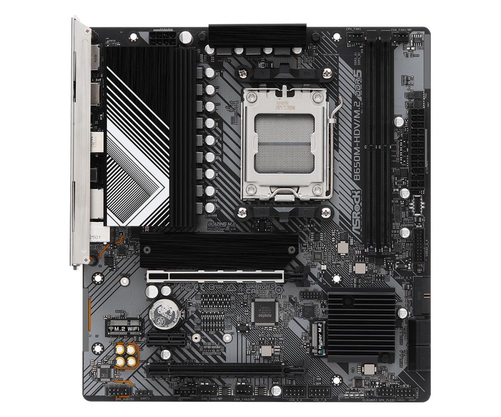 Mainboard ASROCK AMD B650 SAM5 Micro-ATX Memory DDR5 Memory slots 2 1xPCI-Express 4.0 1x 2xPCI-Express 4.0 16x 1xM.2 1xHDMI 1xDisplayPort 1xAudio-In 1xAudio-Out 1xMicrophone 4xUSB 2.0 2xUSB 3.2 1xUSB-C 1xRJ45 B650M-HDV/M.2
