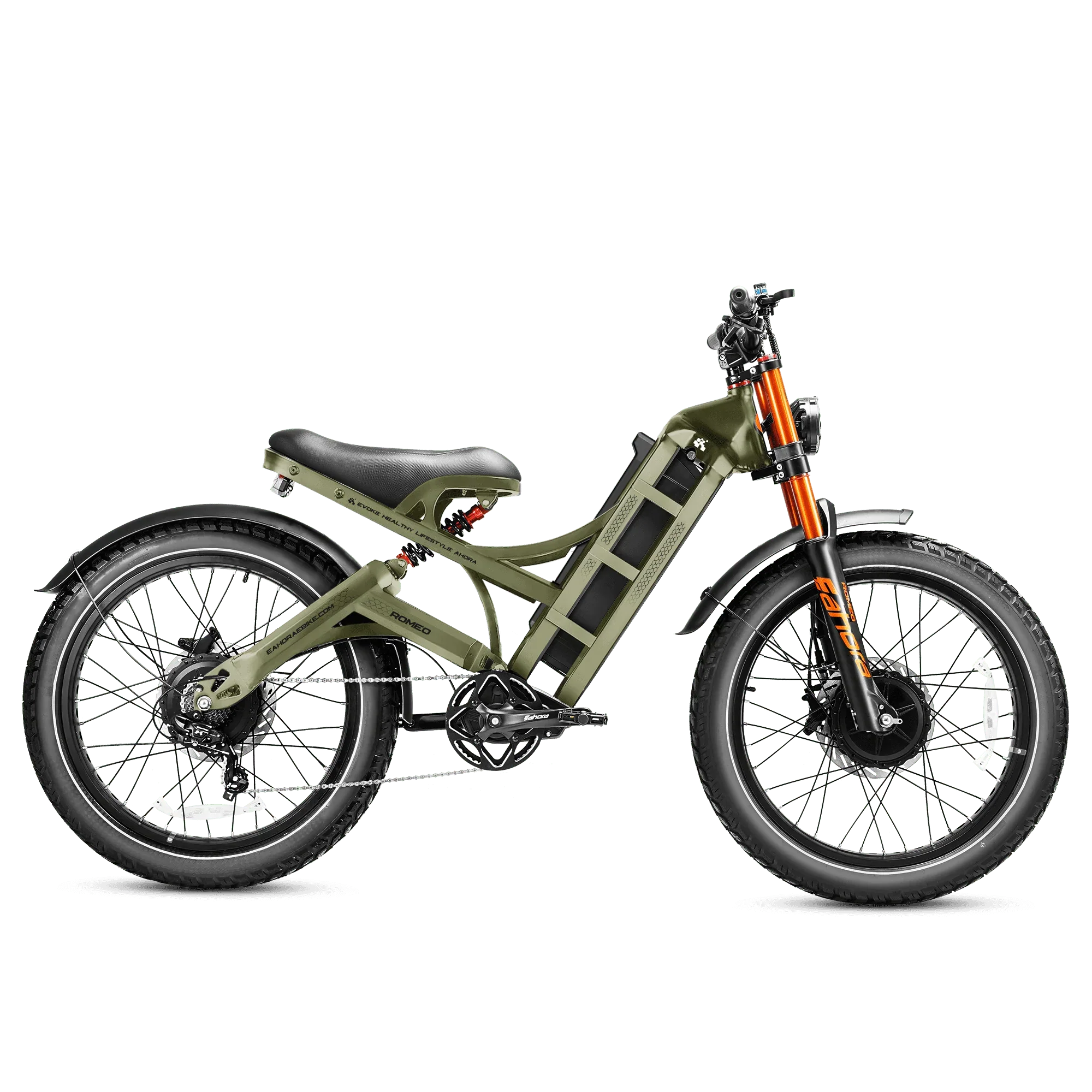 Eahora Romeo Pro II electric bike with 26-inch tires and dual 1500W motors, designed for off-road and all-terrain riding. Green Color