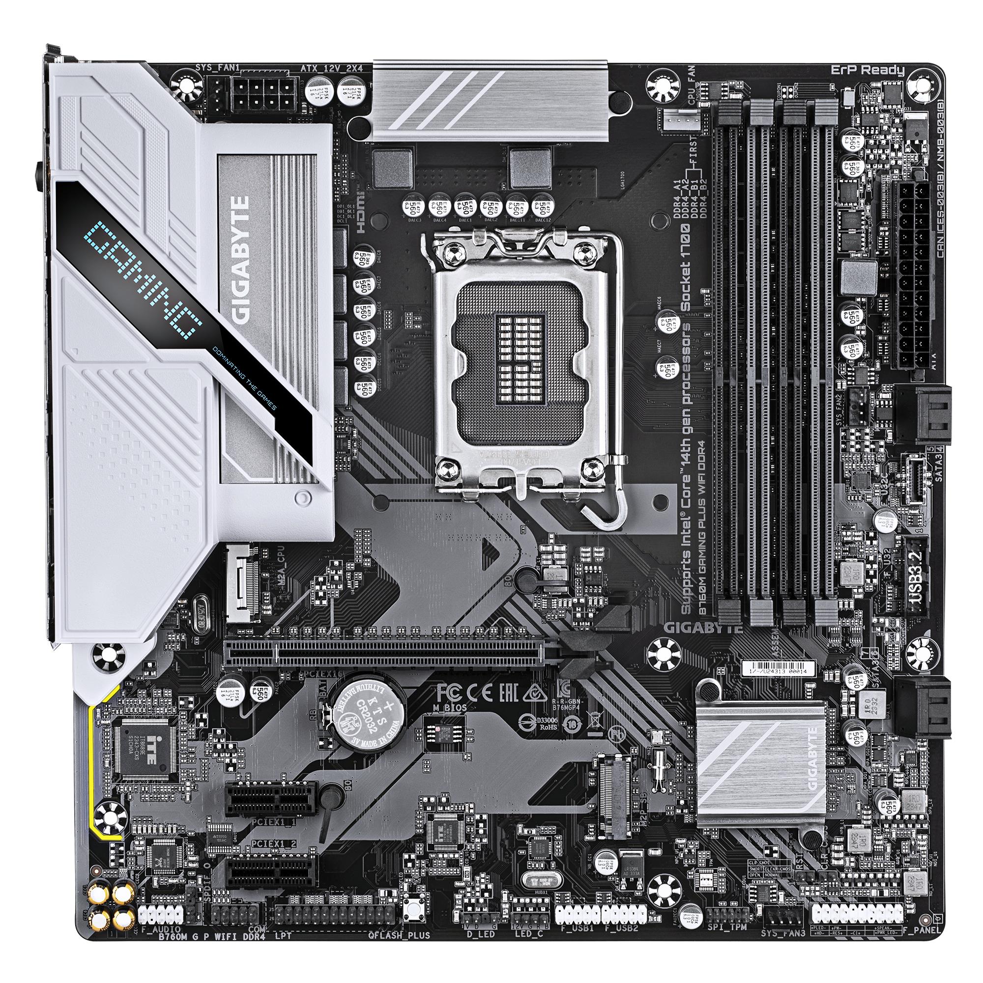 Mainboard GIGABYTE B760M GAMING PLUS WIFI DDR4 (REV. 1.1) Intel B760 LGA 1700 micro ATX RAM DDR4-SDRAM 4xSlots Wi-Fi Yes Bluetooth Yes 2xNumber of M.2 (M) slots B760MGPWIFIDDR41.1