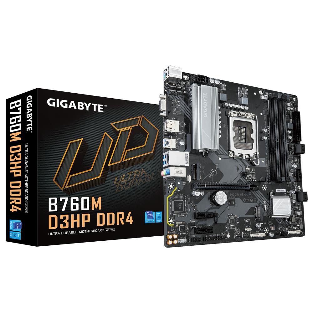 Mainboard GIGABYTE Intel B760 Express LGA1700 Micro-ATX Memory DDR4 Memory slots 4 2xPCI-Express 3.0 1x 1xPCI-Express 4.0 16x 2xM.2 1x15pin D-sub 1xHDMI 1xDisplayPort 6xUSB 2.0 5xUSB 3.2 1xUSB-C 1xPS/2 1xRJ45 3xAudio port B760MD3HPDDR4
