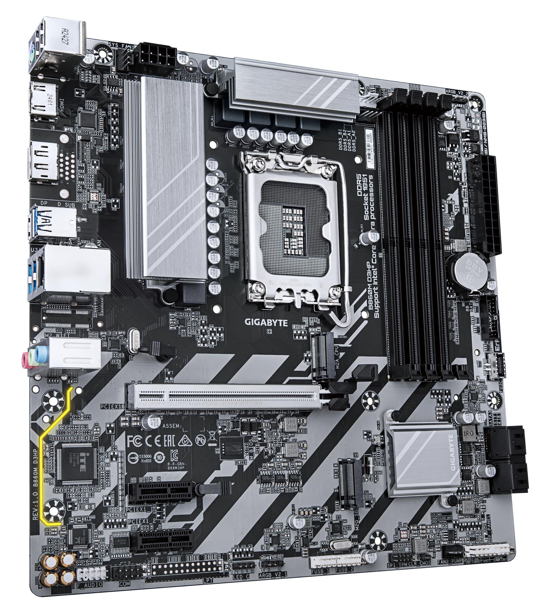 Mainboard GIGABYTE Intel B860 Express LGA1851 Micro-ATX Memory DDR5 Memory slots 4 2xPCI-Express 1x 1xPCI-Express 16x 2xM.2 1xHDMI 1xDisplayPort 1xAudio-In 1xAudio-Out 1xMicrophone 3xUSB 2.0 3xUSB 3.2 1xPS/2 1xRJ45 B860MD3HP1.0