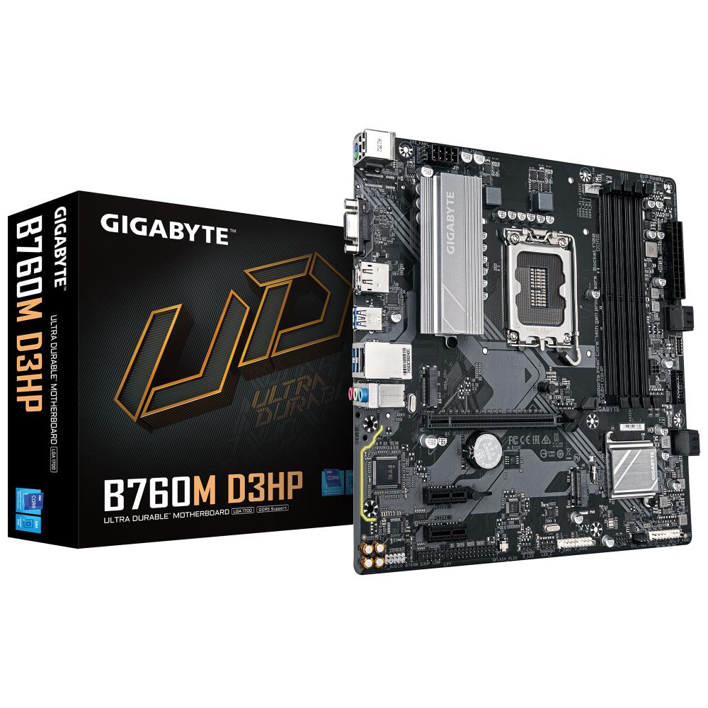 Mainboard GIGABYTE Intel B760 Express LGA1700 Micro-ATX Memory DDR5 Memory slots 4 2xPCI-Express 3.0 1x 1xPCI-Express 4.0 16x 2xM.2 1x15pin D-sub 1xHDMI 1xDisplayPort 2xUSB 2.0 5xUSB 3.2 1xUSB-C 1xPS/2 1xRJ45 3xAudio port B760MD3HP1.0