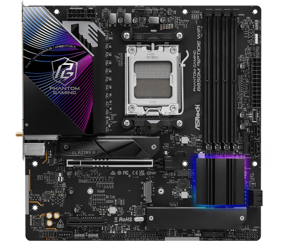 Mainboard ASROCK AMD B850 SAM5 Micro-ATX Memory DDR5 Memory slots 4 1xHDMI 1xDisplayPort 1xAudio-In 1xAudio-Out 1xMicrophone 4xUSB 2.0 3xUSB 3.2 1xUSB-C 1xRJ45 B850MRIPTIDEWIFI