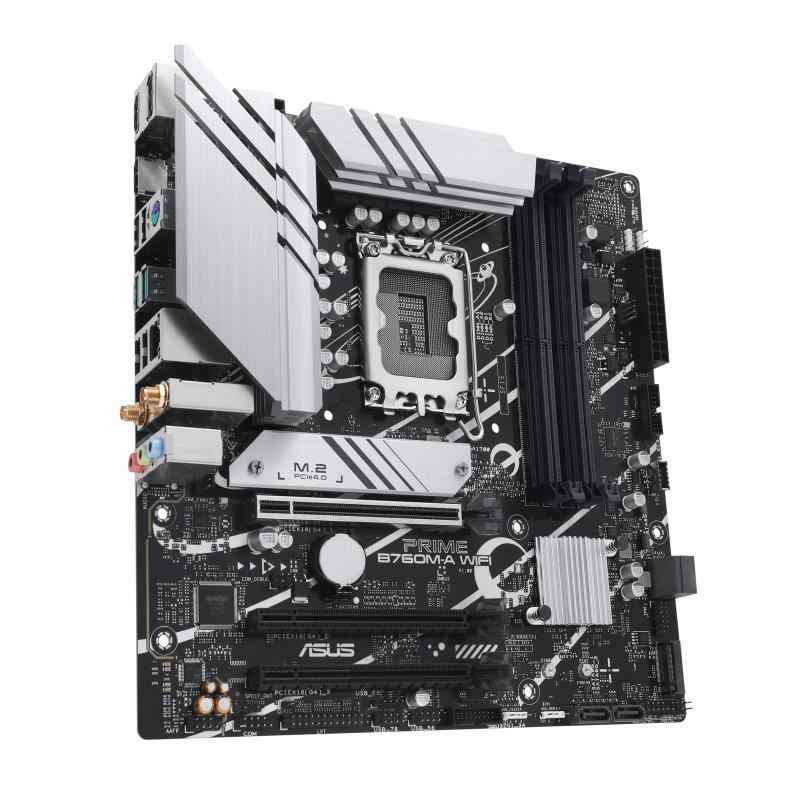 Mainboard ASUS Intel B760 Express LGA1700 Micro-ATX Memory DDR5 Memory slots 4 3xPCI-Express 4.0 16x 2xM.2 2xHDMI 1xDisplayPort 4xUSB 2.0 2xUSB 3.2 1xPS/2 1xRJ45 3xAudio port PRIMEB760M-AWIFI