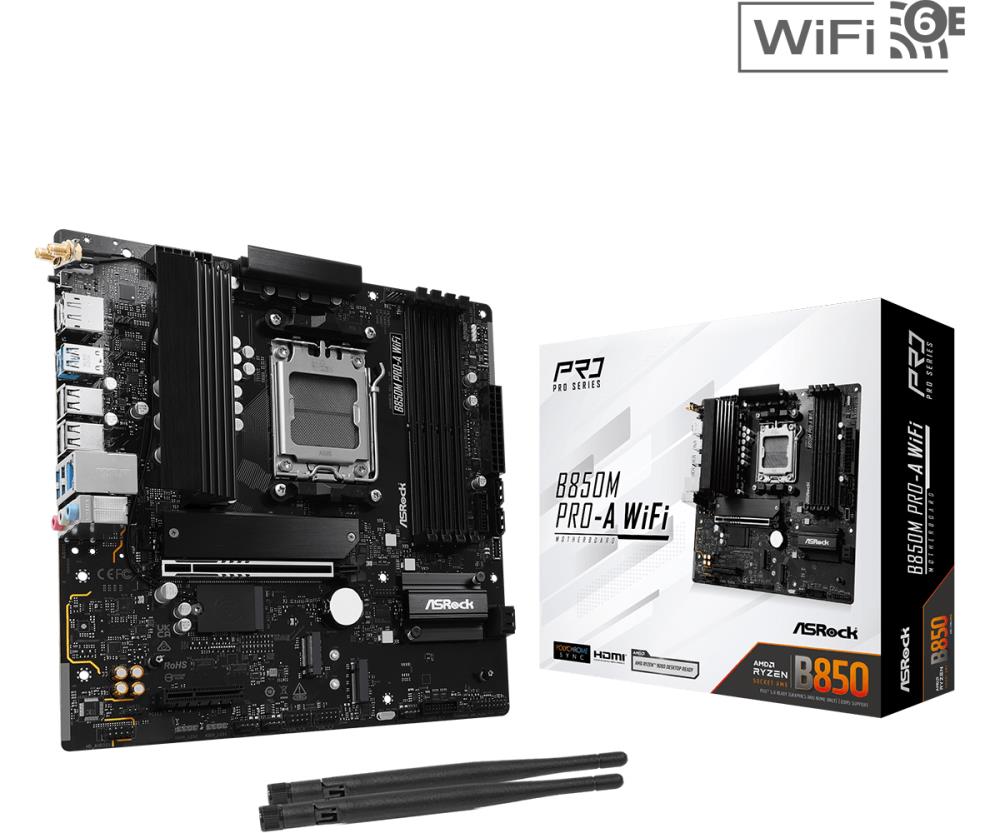 Mainboard ASROCK 1xPCI-Express 4.0 4x 1xPCI-Express 5.0 16x 1xM.2 1xHDMI 1xDisplayPort 1xAudio-In 1xAudio-Out 1xMicrophone 4xUSB 2.0 3xUSB 3.2 1xUSB-C 1xRJ45 B850MPRO-AWIFI