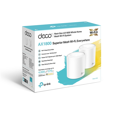 TP-LINK | AX1800 Whole Home Mesh Wi-Fi 6 System | Deco X20 (2-pack) | 802.11ax | 1201+574 Mbit/s | 10/100/1000 Mbit/s | 