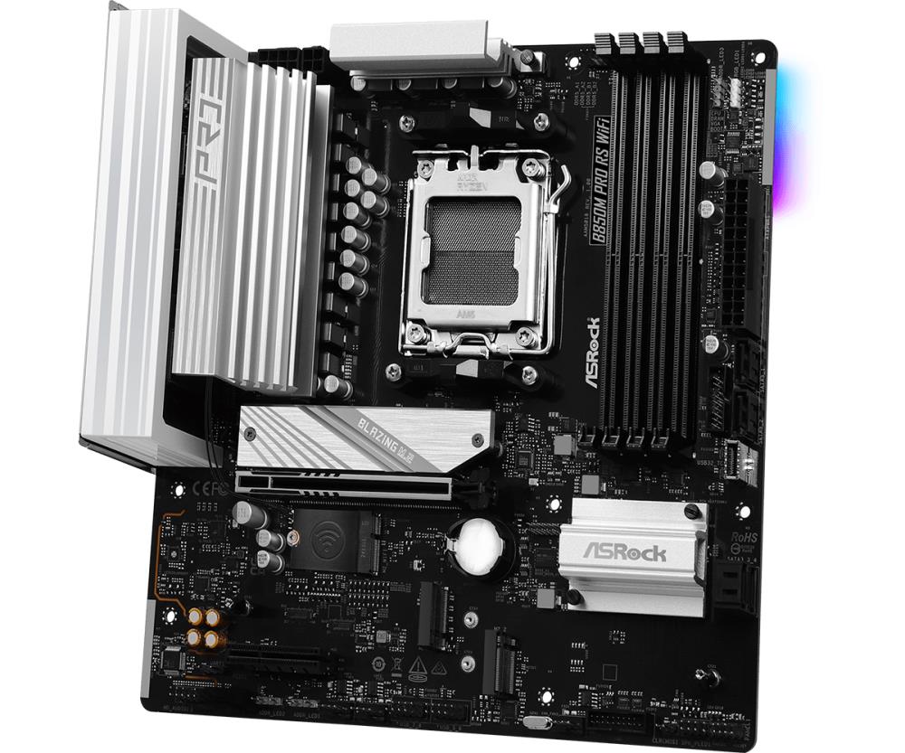 Mainboard ASROCK AMD B850 SAM5 Micro-ATX Memory DDR5 Memory slots 4 1xPCI-Express 4.0 4x 1xPCI-Express 5.0 16x 1xM.2 1xHDMI 1xDisplayPort 1xAudio-In 1xAudio-Out 1xMicrophone 4xUSB 2.0 3xUSB 3.2 1xUSB-C 1xRJ45 B850MPRORSWIFI