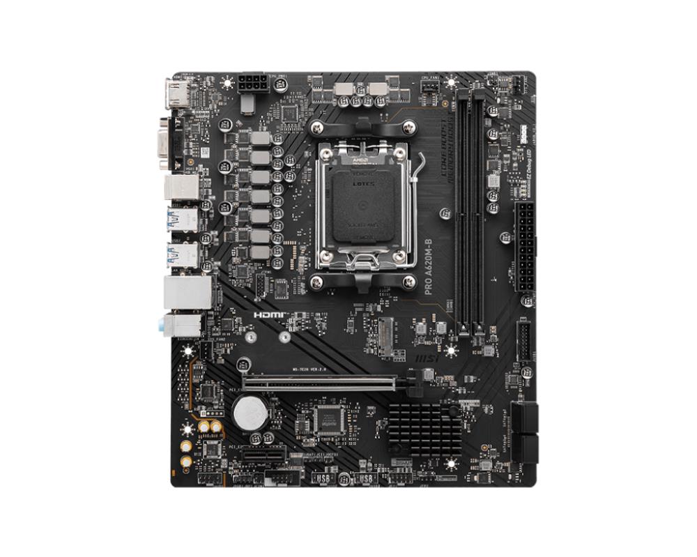 Mainboard MSI AMD A620 SAM5 Micro-ATX Memory DDR5 Memory slots 2 1xPCI-Express 3.0 1x 1xPCI-Express 4.0 16x 1xM.2 1x15pin D-sub 1xHDMI 2xUSB 2.0 4xUSB 3.2 2xPS/2 1xRJ45 3xAudio port PROA620M-B