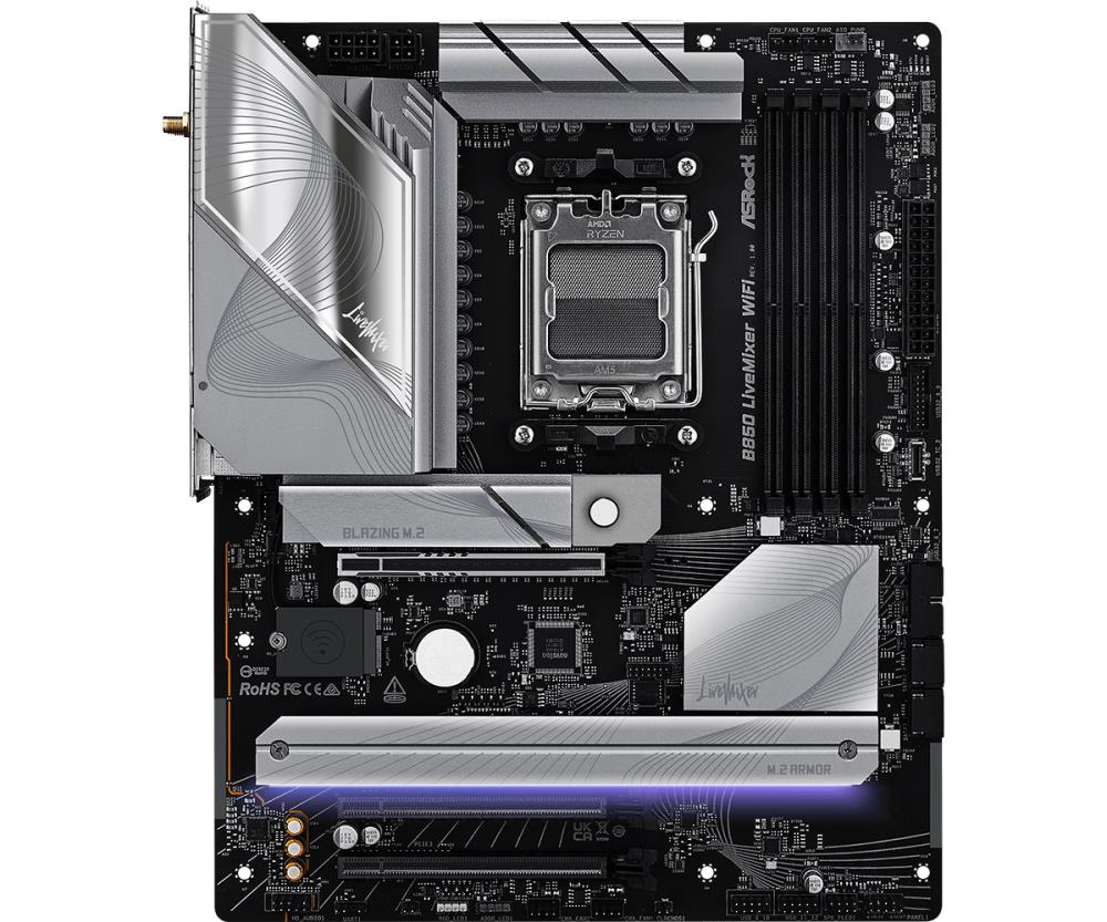 Mainboard ASROCK AMD B850 SAM5 ATX Memory DDR5 Memory slots 4 2xPCI-Express 4.0 16x 1xPCI-Express 5.0 16x 1xM.2 1xHDMI 1xDisplayPort 1xAudio-In 1xAudio-Out 2xUSB 2.0 1xUSB-C 1xOptical S/PDIF 1xRJ45 B850LIVEMIXERWIFI