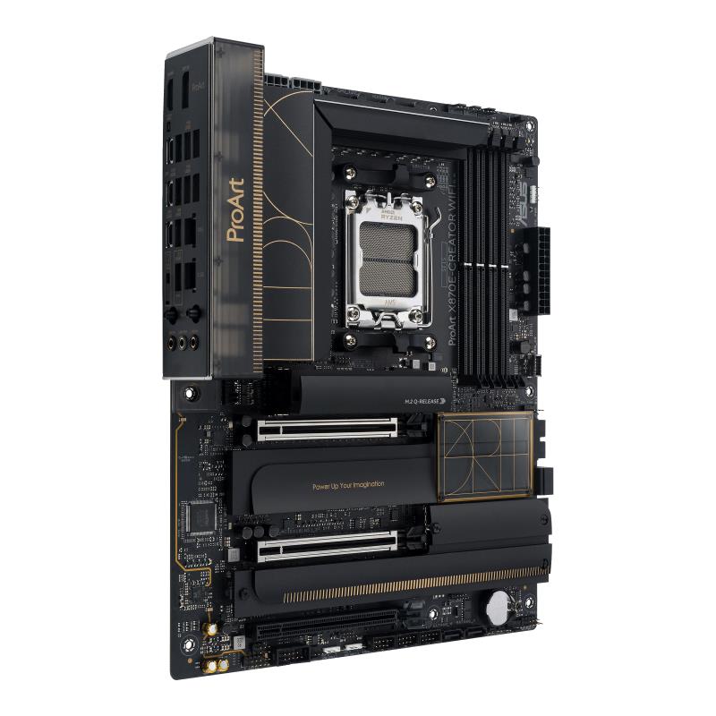 Mainboard ASUS AMD X870E SAM5 ATX Memory DDR5 Memory slots 4 3xPCI-Express 4.0 16x 2xPCI-Express 5.0 16x 4xM.2 1xHDMI 1xDisplayPort 1xUSB 2.0 7xUSB 3.2 3xUSB-C 1xRJ45 3xAudio port PROARTX870E-CREATORWIFI