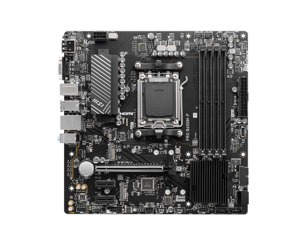 Mainboard MSI AMD B650 SAM5 Micro-ATX Memory DDR5 Memory slots 4 2xPCI-Express 1x 1xPCI-Express 16x 2xM.2 1x15pin D-sub 1xHDMI 1xDisplayPort 4xUSB 2.0 4xUSB 3.2 1xPS/2 1xRJ45 3xAudio port PROB650M-P