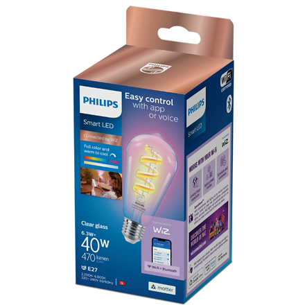 Philips Smart WiFi Filament Clear ST64 470Lm RGB | E27 | 6.3 W | RGB light | Bluetooth, Wi-Fi