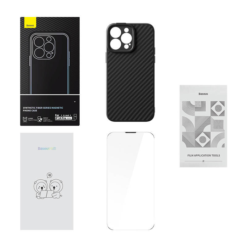 Magnetic Case Baseus Synthetic Fiber Series for iPhone 14 Pro (black)+ tempered glass + cleaning kit - Image 1