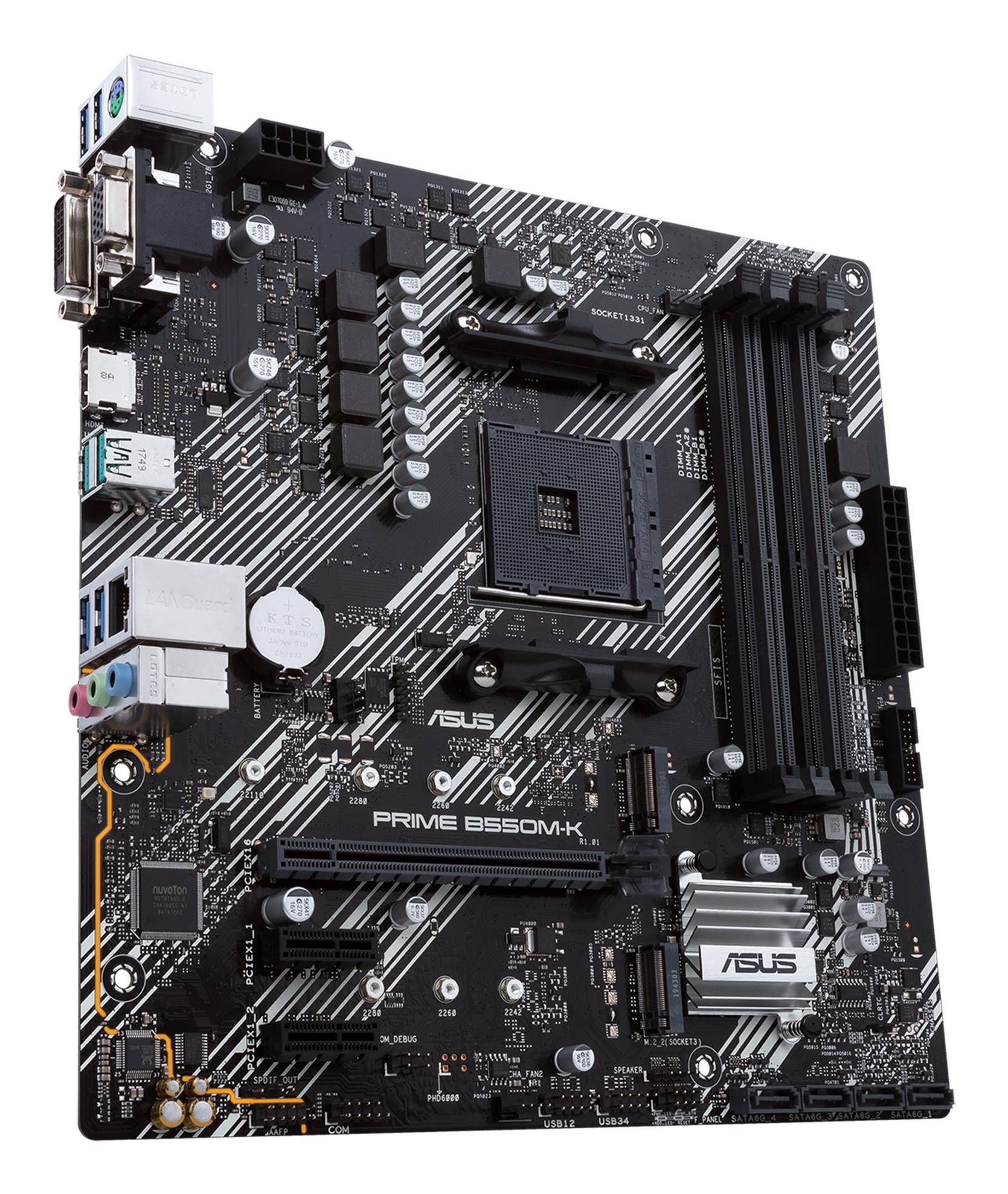 Mainboard ASUS AMD B550 SAM4 MicroATX 2xPCI-Express 3.0 1x 2xM.2 1xPCI-Express 4.0 16x Memory DDR4 Memory slots 4 1x15pin D-sub 1xDVI 1xHDMI 6xUSB 3.2 1xPS/2 1xRJ45 3xAudio port PRIMEB550M-K