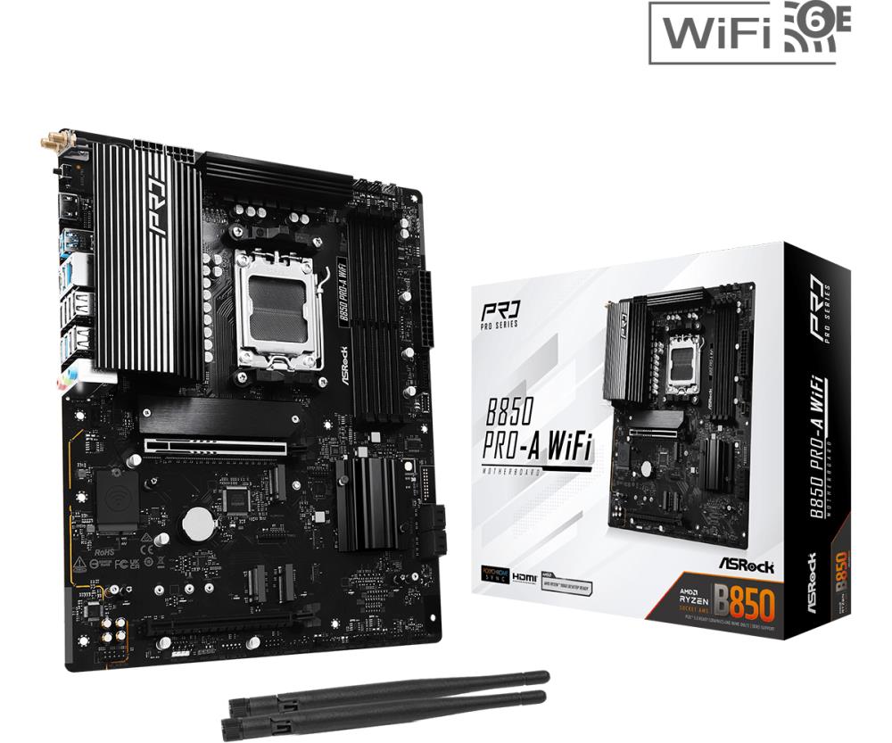 Mainboard ASROCK AMD B850 SAM5 ATX Memory DDR5 Memory slots 4 1xPCI-Express 4.0 16x 1xPCI-Express 5.0 16x 1xM.2 1xHDMI 1xAudio-In 1xAudio-Out 1xMicrophone 6xUSB 2.0 4xUSB 3.2 1xUSB-C 1xRJ45 B850PRO-AWIFI