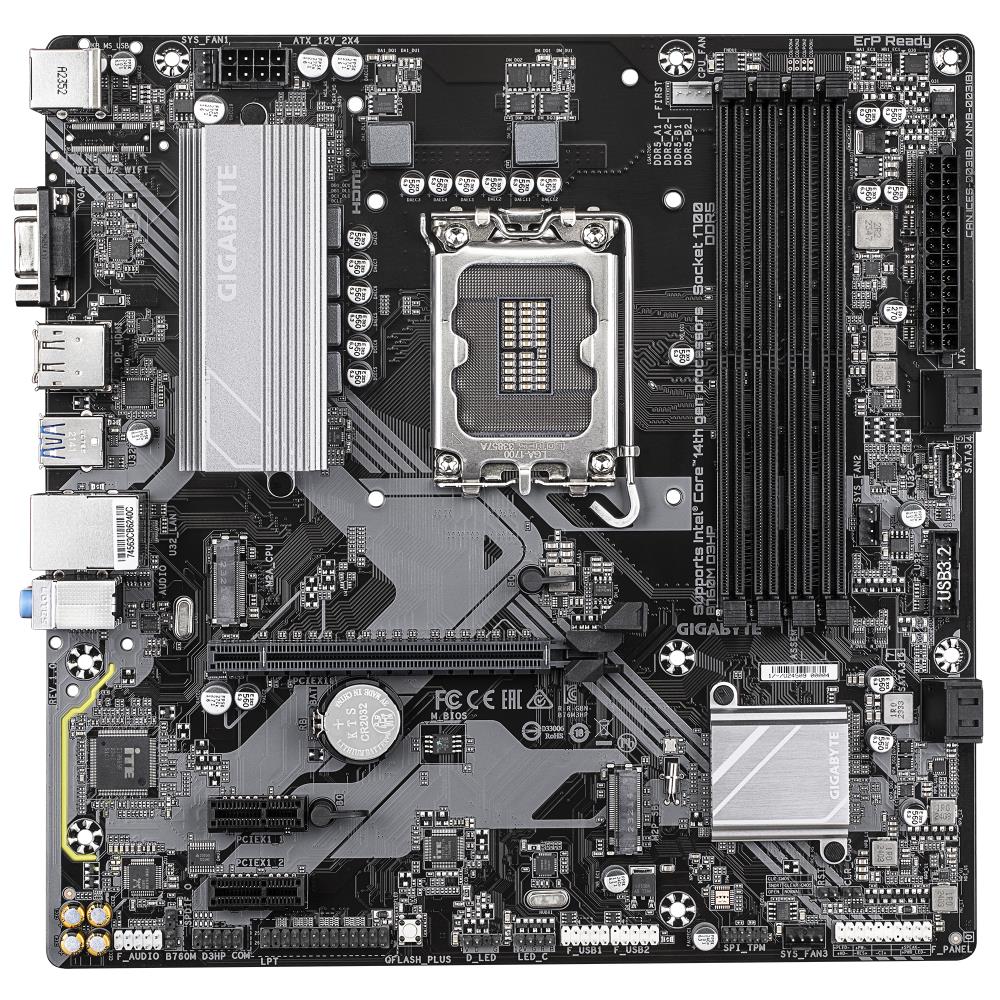 Mainboard GIGABYTE Intel B760 Express LGA1700 Micro-ATX Memory DDR5 Memory slots 4 2xPCI-Express 3.0 1x 1xPCI-Express 4.0 16x 2xM.2 1x15pin D-sub 1xHDMI 1xDisplayPort 2xUSB 2.0 5xUSB 3.2 1xUSB-C 1xPS/2 1xRJ45 3xAudio port B760MD3HP1.0