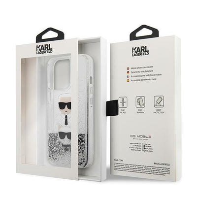 Karl Lagerfeld Liquid Glitter Karl&amp;Choupette Head case for iPhone 13 Pro / iPhone 13 - silver