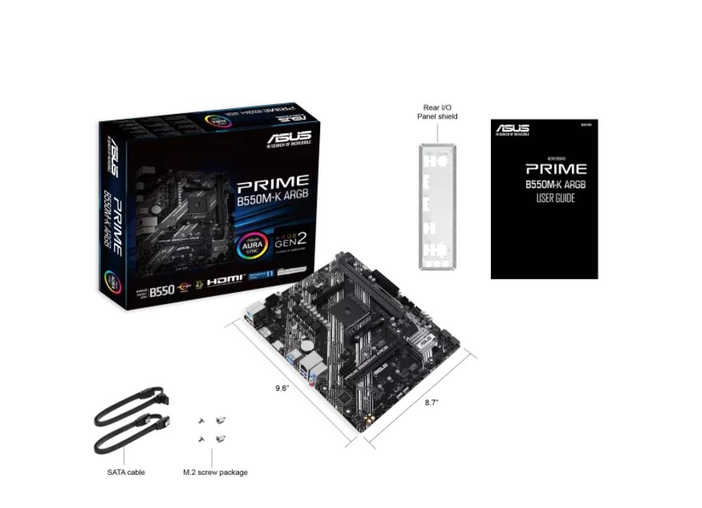 Mainboard ASUS AMD B550 SAM4 Micro-ATX Memory DDR4 Memory slots 2 1xPCI-Express 3.0 1x 1xPCI-Express 3.0 16x 1xPCI-Express 4.0 16x 1xM.2 1xHDMI 1xDisplayPort 1xAudio-In 1xAudio-Out 1xMicrophone 2xUSB 2.0 4xUSB 3.2 1xPS/2 1xRJ45 PRIMEB550M-KARGB