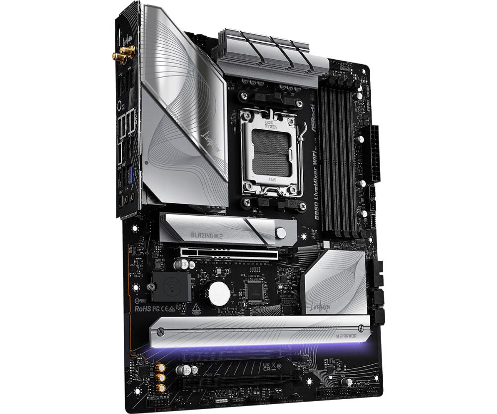 Mainboard ASROCK AMD B850 SAM5 ATX Memory DDR5 Memory slots 4 2xPCI-Express 4.0 16x 1xPCI-Express 5.0 16x 1xM.2 1xHDMI 1xDisplayPort 1xAudio-In 1xAudio-Out 2xUSB 2.0 1xUSB-C 1xOptical S/PDIF 1xRJ45 B850LIVEMIXERWIFI
