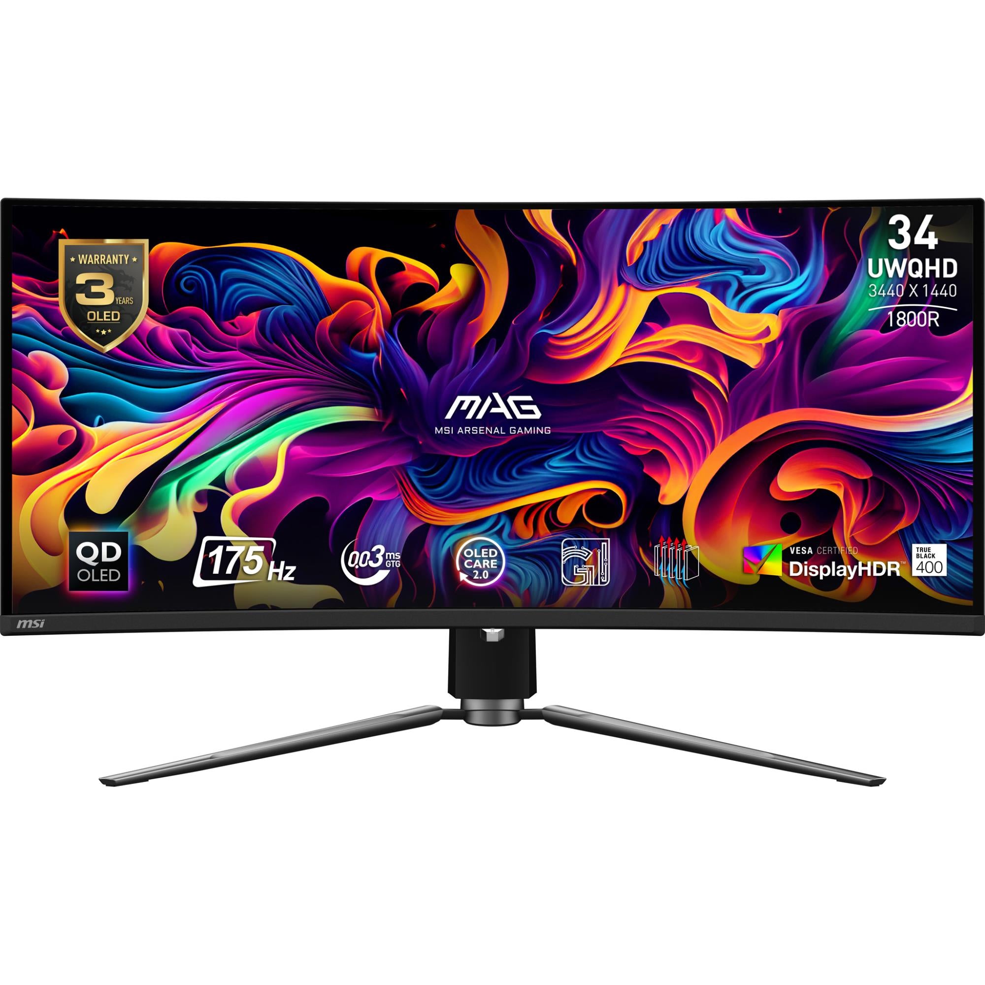 LCD Monitor MSI 34" Curved/21 : 9 Panel QD-OLED 3440x1440 21:9 175Hz Matte 0.03 ms Swivel Height adjustable Tilt Colour Black MAG341CQPQD-OLED