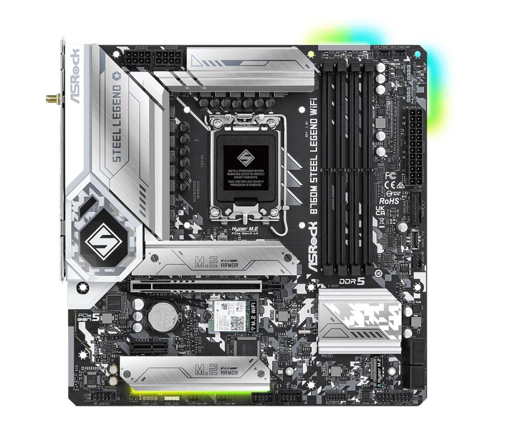 Mainboard ASROCK Intel B760 Express LGA1700 Micro-ATX Memory DDR5 Memory slots 4 1xPCI-Express 4.0 1x 1xPCI-Express 5.0 16x 4xM.2 1xHDMI 1xDisplayPort 2xUSB 2.0 5xUSB 3.2 1xUSB-C 1xPS/2 1xRJ45 3xAudio port B760MSTEELLEGENDWIFI