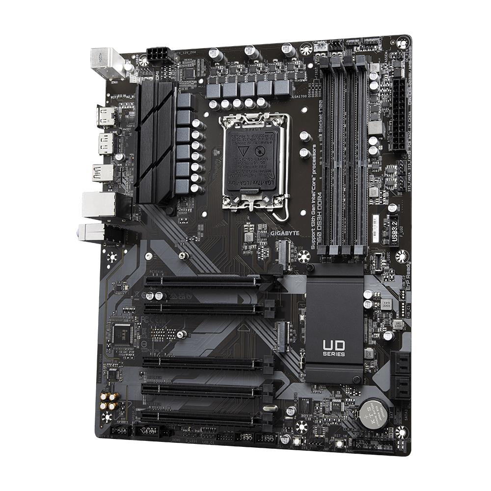 Mainboard GIGABYTE Intel B760 Express LGA1700 ATX Memory DDR4 Memory slots 4 4xPCI-Express 3.0 1x 1xPCI-Express 4.0 16x 2xM.2 1xHDMI 1xDisplayPort 4xUSB 2.0 1xUSB 3.2 1xUSB-C 1xPS/2 1xRJ45 3xAudio port B760DS3HDDR4